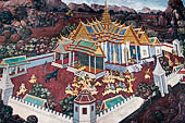 Detail of 'Ramakien' mural painting  - temple of the Emerald Buddha, Bangkok . Architectural elements in the panels are adapted from the real palaces and temples of the capital. 